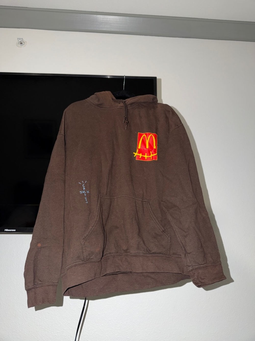 Travis Scott Brown Crewneck Hoodie with Red-Yellow Chest Patch